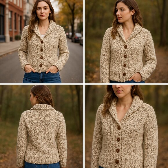 Vintage Handknit Chunky Wool Blend Cardigan — Cream & Chestnut Marled Yarn - Picture 3 of 13
